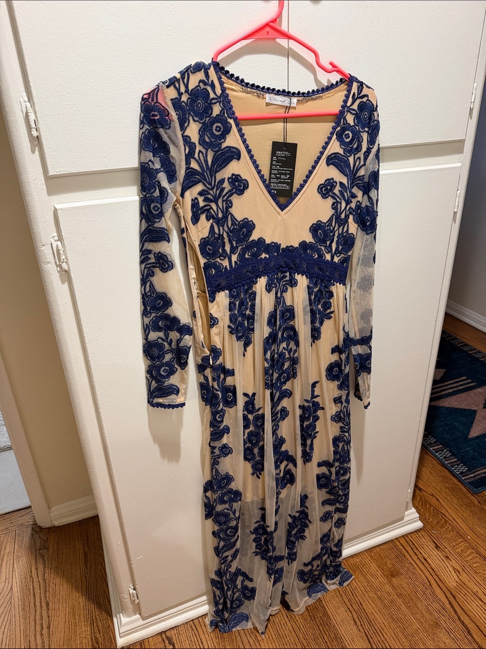 Boho Floral Embroidered V-Neck Maxi Dress in Navy and Nude
